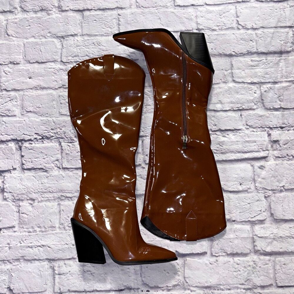 Y2K Brown Patent Leather Knee High Boots Pointed Toe Chunky Heel EU 39 / US 8.5